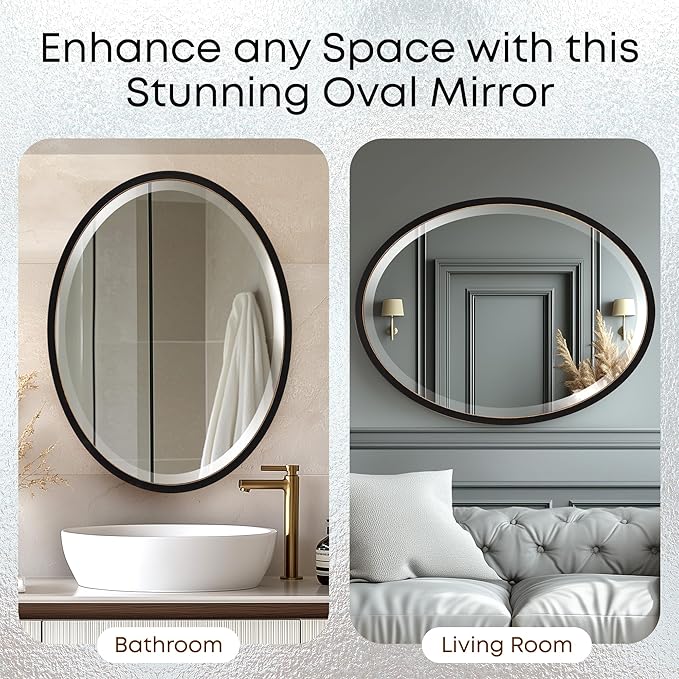 OVALCREST - Oval Wooden Beveled Wall Mirror for Home Decor, Bathroom, Vanity, Bedroom, Living Room, Hallway - London Style (Rubbed Black) 21.1 x 17.1
