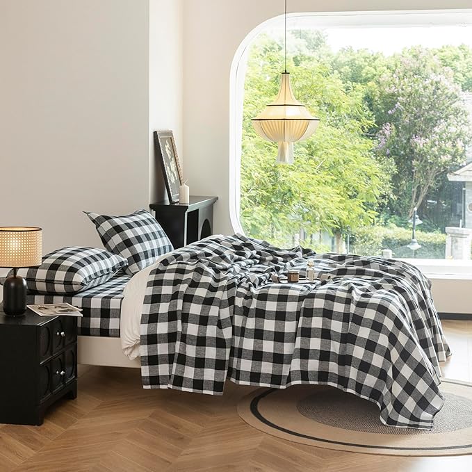 EVERLY Linen Sheets Set Queen Size,100% French Stonewash Pure Linen Sheets Set,4Pieces (1Flat Sheet,1Fitted Sheet,2Pillowcase) Suitable for Hot Sleepers,Deep Pocket Natural Bedding Set-Black Plaid