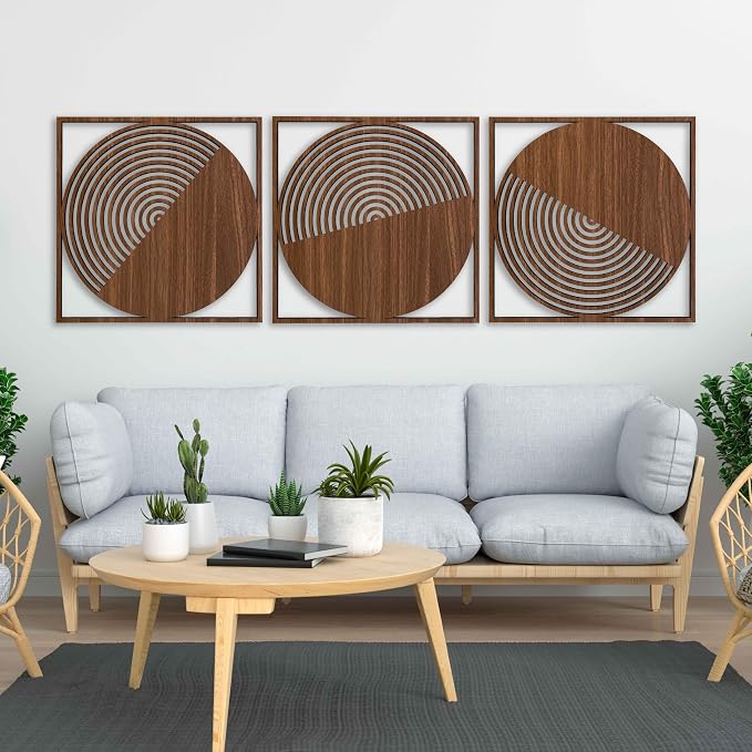 Round Wood Wall Art Set of 3, Modern Geometric Wooden Wall Art, Clean Aesthetic Wall Accent for Boho Living Room, Natural Wood Tones