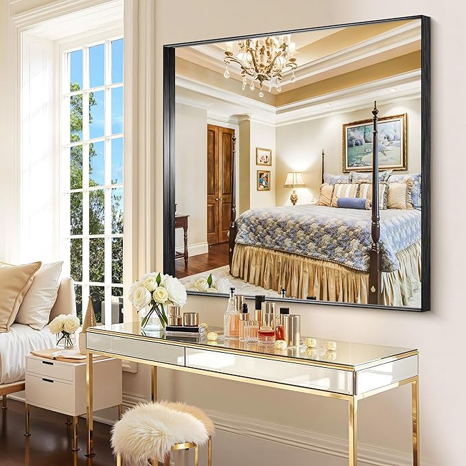 CIRCUMI Black Bathroom Mirror, 42"x42" Rectangular Mirror with Deep Metal Frame, Brushed Finish, Tempered Glass, Mirror for Wall, Oversink, Bedroom, Installed Vertically/Horizontally, Crystal-Clear