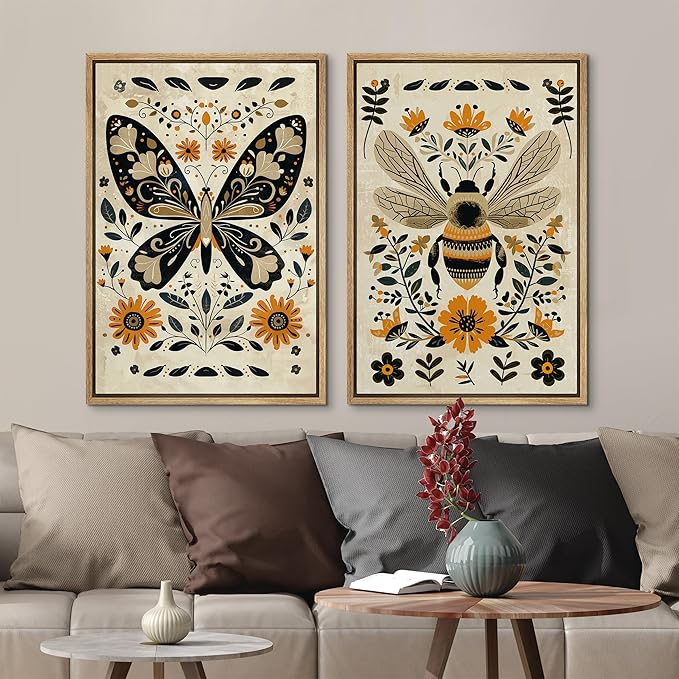 MUDECOR Framed Canvas Print Wall Art Set Butterfly Animals Botanical Bee llustrations Modern Art Decorative Bohemian Calm/Zen for Living Room, Bedroom, Office - 24"x36"x2 Natural