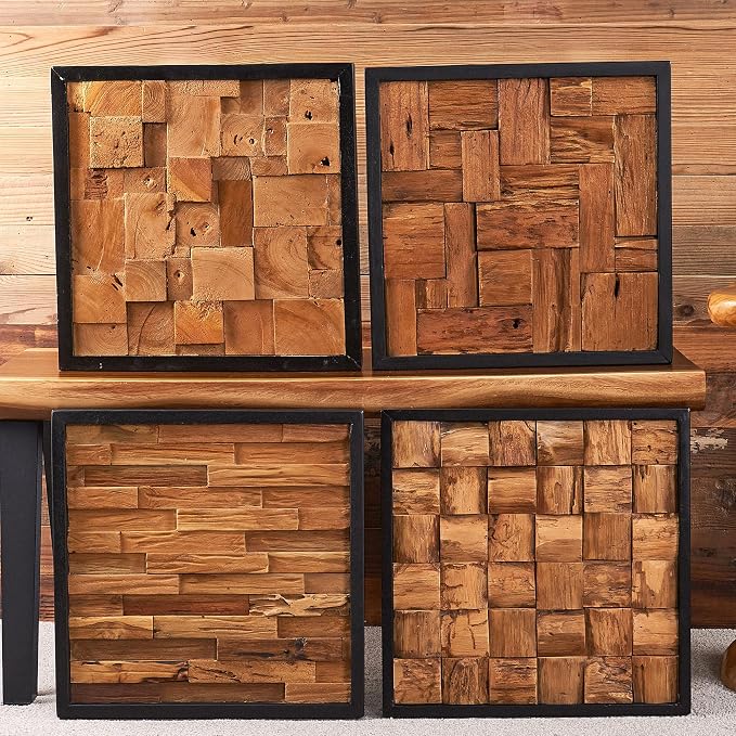 Warmaxx Rustic Teak Wood Framed Wall Decor Aesthetic 17''x17 Farmhouse Geometric Block Wall Art Christmas Decoration Home Living Room Bedroom Office Handmade Square Wooden Slatted Collage