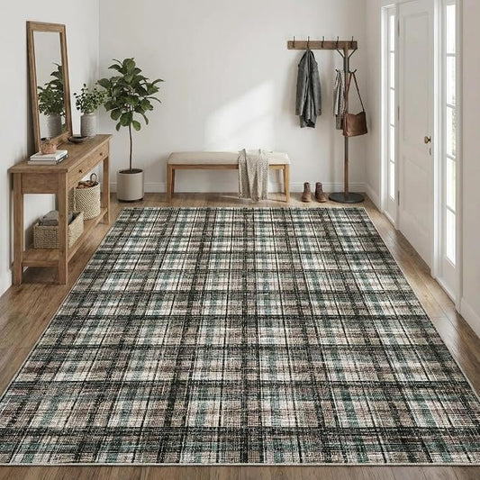 Washable Rug 4x6 Area Rug for Living Room Modern Non Slip Throw Rugs Farmhouse Bedroom Rugs Low Pile Soft Non Shedding Stain Resistant Carpet for Dining Room Nursery 4'x6' Green&Taupe
