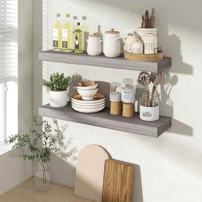 24 Inch Floating Shelves for Wall 2 Pack, 24" Wall Shelves for Books, Storage, Decor, Wall Mounted Floating Shelf with Invisible Brackets for Kitchen, Living Room, Gray