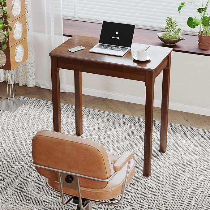 Solid Wooden Desk with Drawers - 28 x 16 Inch Narrow Desks for Small Spaces, Rubberwood Simple Study Table, Small Writing Desk for Bedroom - Natural Boho Desks
