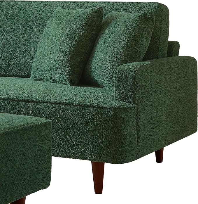 GDFStudio Upholstered Chaise Lounge Chair Indoor with Ottoman, Boucle Fabric Chaise Chair with 2 Throw Pillows and Solid Wood Legs, Recliner Lounge Chair for Office Living Room Bedroom, Green
