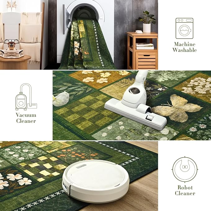 Tepook 8x10 Area Rugs for Living Room, Modern Large Geometric Rug for Bedroom, Washable Patchwork Rug Indoor Non Slip Throw Carpets for Dining Room Office Farmhouse Home Decor, Dark Green