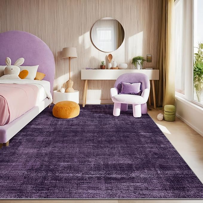 Kokia Abstract Area Rugs 8x10 Bedroom Soft Living Room Rugs Washable Distressed Vintage Comfy Carpet with Non-Slip Backing for Farmhouse Home Office Room Decor, Purple Rug, Oslo Dusty