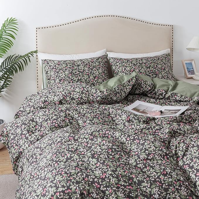 HoneiLife Duvet Dover King Size - 100% Cotton Comforter Cover Floral Duvet Cover Sets, Breathable Bedlinen for Set with Zipper Closure & Corner Ties,3-PC Wildflower Comforter Cover Sets, Berry
