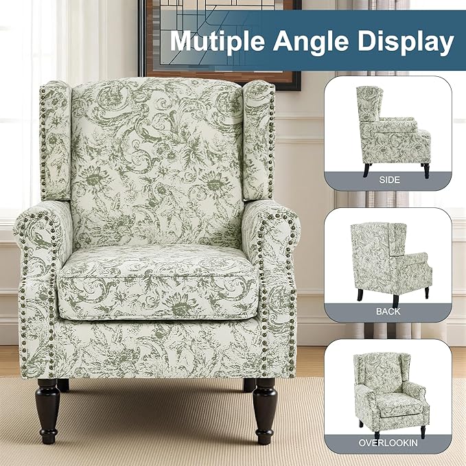 Wingback Chairs Set of 2, High Back Floral Accent Chair in Fabric, Comfy Upholstered Armchair with Nailhead Trim for Living Room, Single Sofa Reading Chair for Small Spaces, Bedroom-Rococo Green
