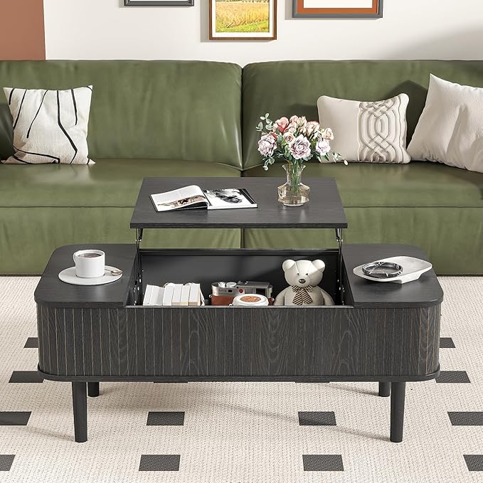 Fluted Lift Top Coffee Table with Storage, Mid Century Modern Coffee Table for Living Room, Home Small Space,39.4" Fluted Center Table (Rectangle-Black, 39.4inch)