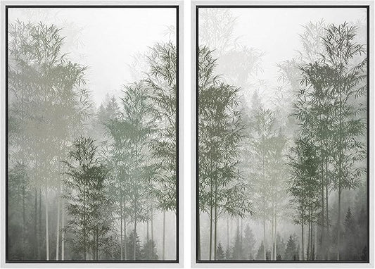 MUDECOR Framed Canvas Print Wall Art Pastel Watercolor Misty Fog Forest Tree Wilderness Nature Illustrations Modern Art Decorative Calm/Relax Multicolor Rustic Minimal for Bedroom - 24"x36"x2 White