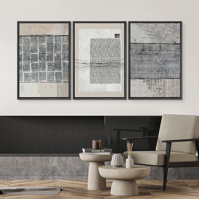 SIGNWIN Framed Canvas Print Wall Art Set Black Tan Industrial Line Art Pattern Abstract Shapes Cozy Neutral Decorative Contemporary Minimal for Living Room, Bedroom, Office - 24"x36"x3 Black
