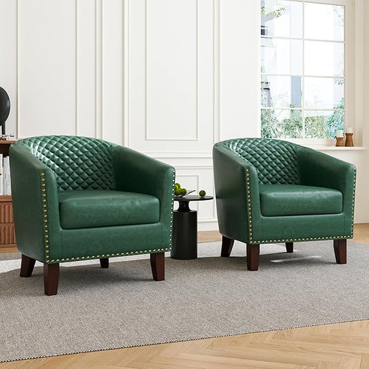 Accent Barrel Chair Set of 2, Upholstered Faux Leather Club Chair with Nailed Trim, Comfy Reading Armchair for Living Room Bedroom Reception Room Office, Dark Green