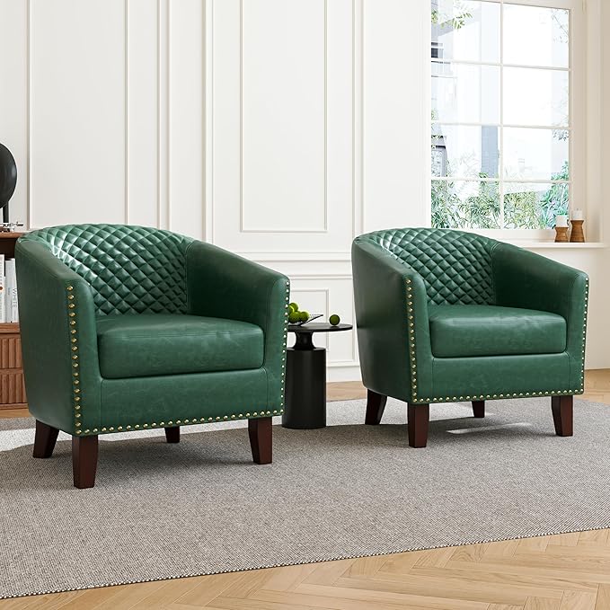Accent Barrel Chair, Upholstered Faux Leather Club Chair with Nailed Trim, Comfy Reading Armchair for Living Room Bedroom Reception Room Office (Dark Green, Set of 1)