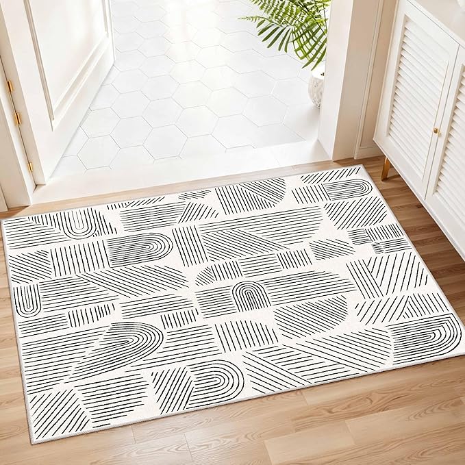 MUJOO 2x3 Washable Rug,Mid Century Modern Abstract Non Slip Low Pile Small Area Rug,White and Black Rug for Entryway Bathroom Kitchen Bedroom