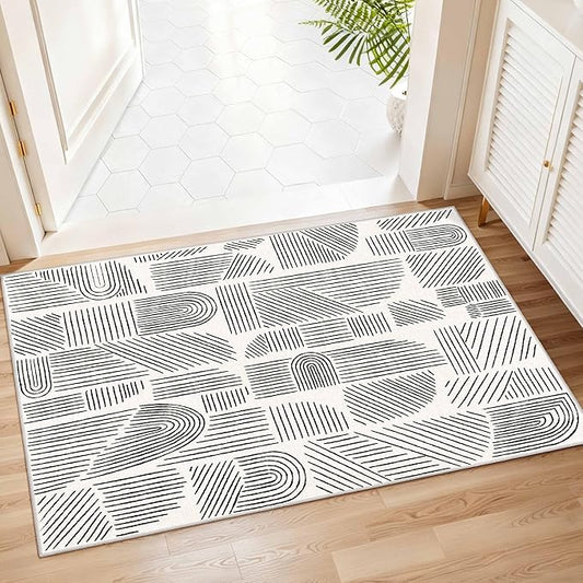 MUJOO 2x3 Washable Rug,Mid Century Modern Abstract Non Slip Low Pile Small Area Rug,White and Black Rug for Entryway Bathroom Kitchen Bedroom