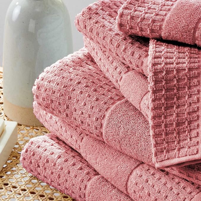 Market & Place 100% Cotton Super Soft Luxury Towel Set | Quick-Dry and Highly Absorbent | Waffle Textured | 550 GSM | 2 Bath Towels, 2 Hand Towels, & 2 Washcloths | Harper Collection (Rose)