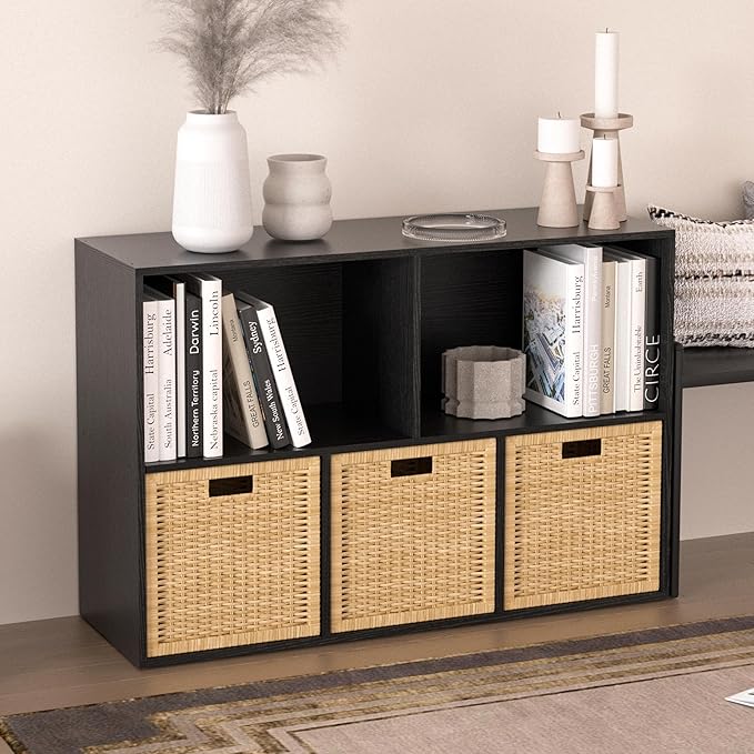 Wooden 5 Cube Storage Organizer with Closed Back Panel,White Cube Shelf Cubby Storage Organizers with Compartments for Living,Bookshelf,Organizers Easy to Install (Black, 5 Cube)