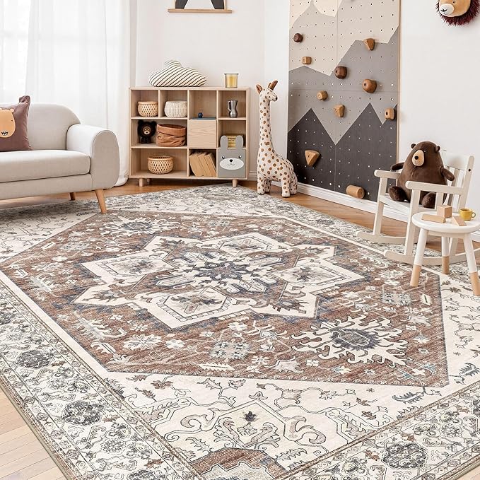 Area Rug 7x9 for Living Room - Washable Oriental Vintage Floral Distressed Large Indoor Carpets with Non Slip Back for Bedroom Dining Room Nursery Office Home Decor -Terracotta/Brown