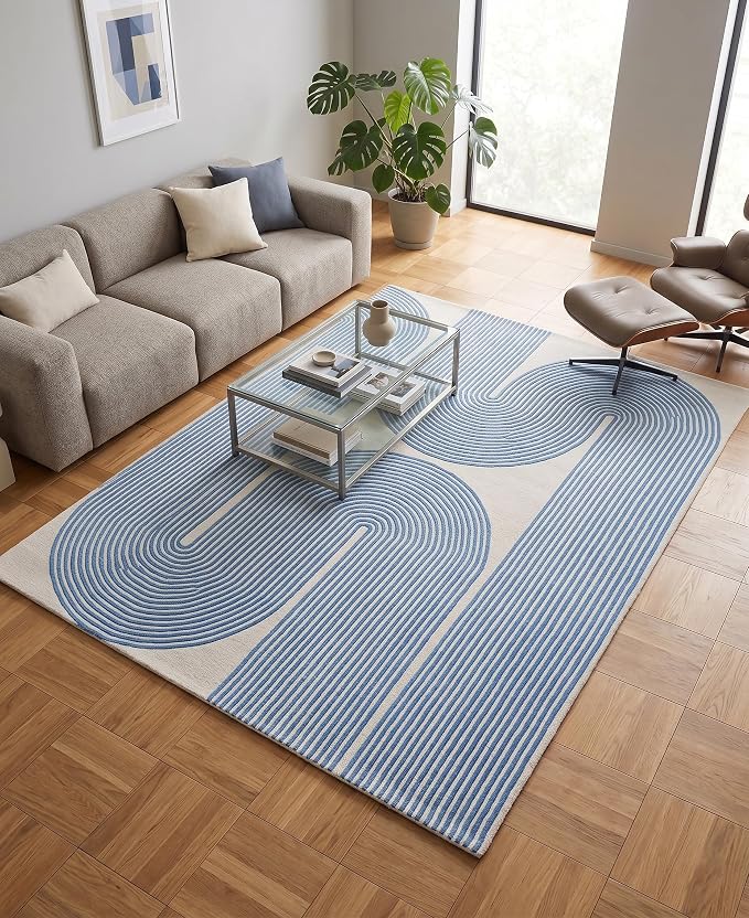 Modern Handmade Wool Area Rug, Abstract Curved Line Geometric Indoor Carpet for Living Room Bedroom, Contemporary Tufted Rug with Soft Pile and Cotton Backing (Sky Blue, 5' x 7')