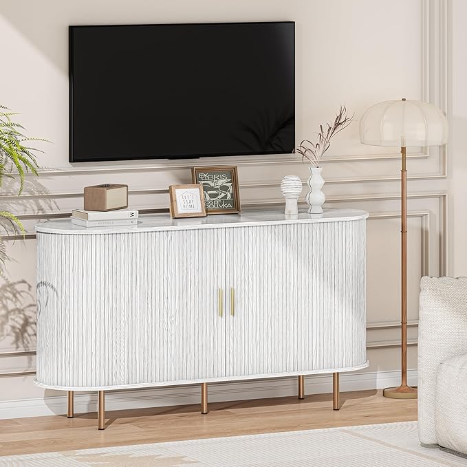 DHH Sideboard Buffet Cabinet with Storage,Mid Century Modern Fluted Accent Coffee Bar Console Table,Tambour Sliding Doors& Adjustable Shelf for Kitchen, Living Room, Entryway(White,55 Inch)
