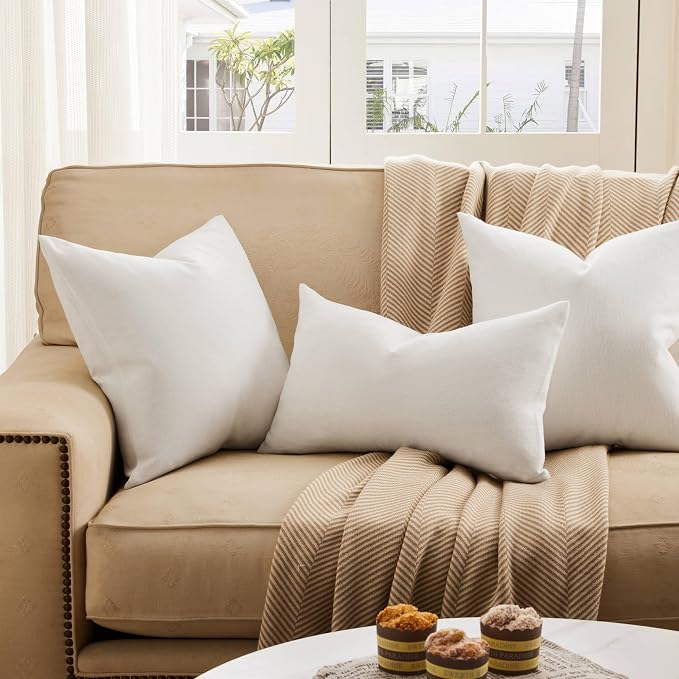 ZeeMart Rustic Cotton Linen Throw Pillow Covers Set of 2, 18x18 Inch Off White, Farmhouse Style Decorative Couch Pillow Cases Ivory Cushion Covers for Sofa Bed Living Room Home Decor