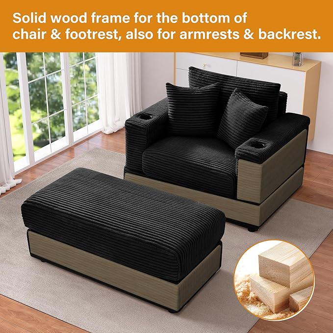 Oversized Chaise Lounge Chair Indoor with Adjustable Backrest, USB, Cup Holder & Ottoman, Firm Solid Wood Frame with Long Service Life Corduroy Oversized Lounge Reading Chair for Study Room - Black