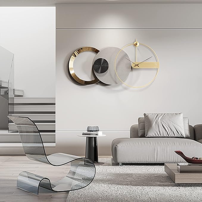 Mid Century Modern Large Silent Wall Clock Non Ticking for Living Room, 47"X25" Giant Decorative Round Black Clock for Wall, Big Unique Metal Fancy Clock Wall Decor for Bedroom Entryway