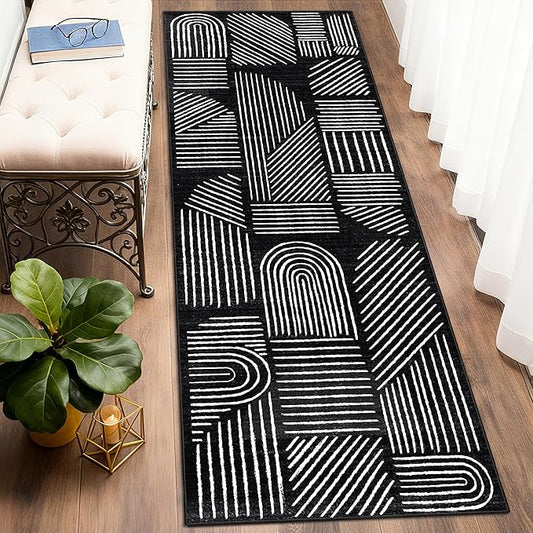 MUJOO 2x6 Runner Rug Washable,Mid Century Modern Abstract Non Slip Low Pile Runner Rug,Black and White Rug for Hallway Kitchen Entryway