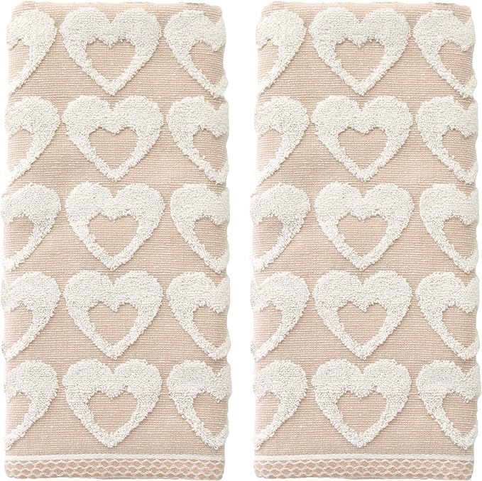 SKL Home Valentine's Day Hearts Jacquard 100% Cotton Reversible 2pc Hand Towel Set, Decorative for Bath/Kitchen/Bar & Gift, Tan