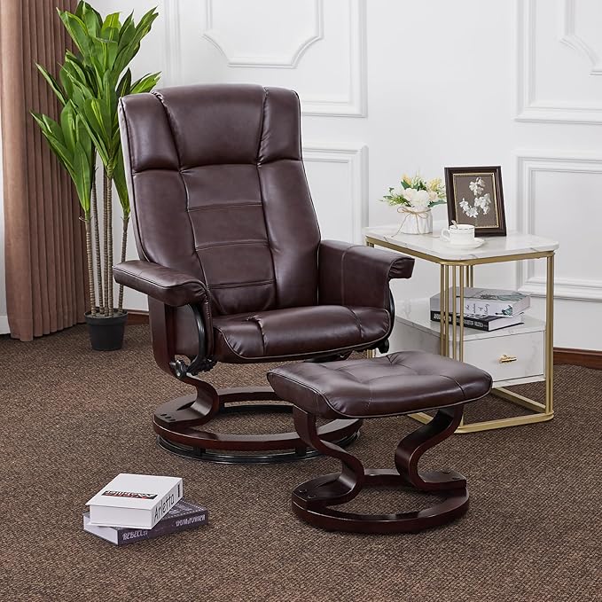 MCombo Manual Swivel Recliner with Ottoman, Chair Ottoman Set for RV Small Spaces, Living Room, Bedroom, Office 9019 4919 (Faux Leather, Dark Brown)