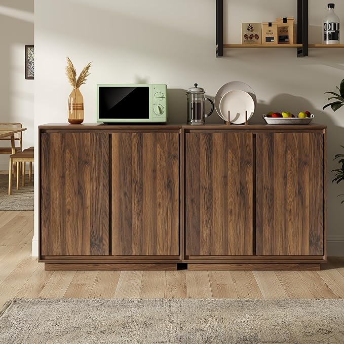2pcs Sideboard Cabinet Buffet Cabinet with Storage with Adjustable Shelves and Handle-Free Design Suitable for Kitchens,Hallway,and Living Rooms Brown
