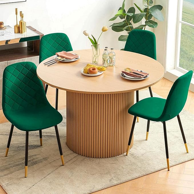 Round Dining Table Set for 4, Modern Mid Century Wooden Kitchen & Dining Room Table Set, 5 Piece Space Saving (47In Oak Table + 4 Green Velvet Chairs)