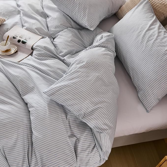 Merryword Striped Duvet Cover Set Queen Size - 100% Cotton Duvet Cover Set with Zipper Closure & 8 Corner Ties, Blue Pinstripe Bedding Set 3 Pieces, Soft Linen Like Bedding Set for All Seasons