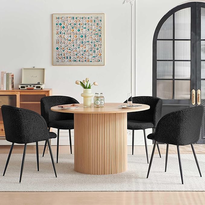 5-Piece Modern Kitchen Dining Room Table Set for 4, 47-Inch Oak Wooden Dining Table Round with 4 Seated Black Arm Chairs Upholstered Sherpa, Mid-Century Breakfast Nook Table Set