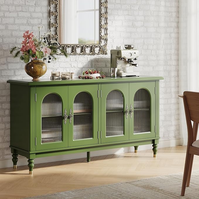 iPormis Fluted Arched Buffet Cabinet Set of 2, 59" Vintage Sideboard with Glass Door & Adjustable Shelves, Mid Century Modern Solid Wood Credenza Accent Cabinet for Living Room, Entryway, Green