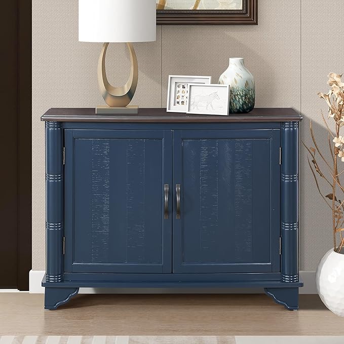 40" Retro Sideboard Storage Cabinet with 2 Doors, Wooden Console Table with Adjustable Storage Shelf, Sofa Table for Hallway, Entry Way, Living Room, Dining Room, Navy Blue and Brown