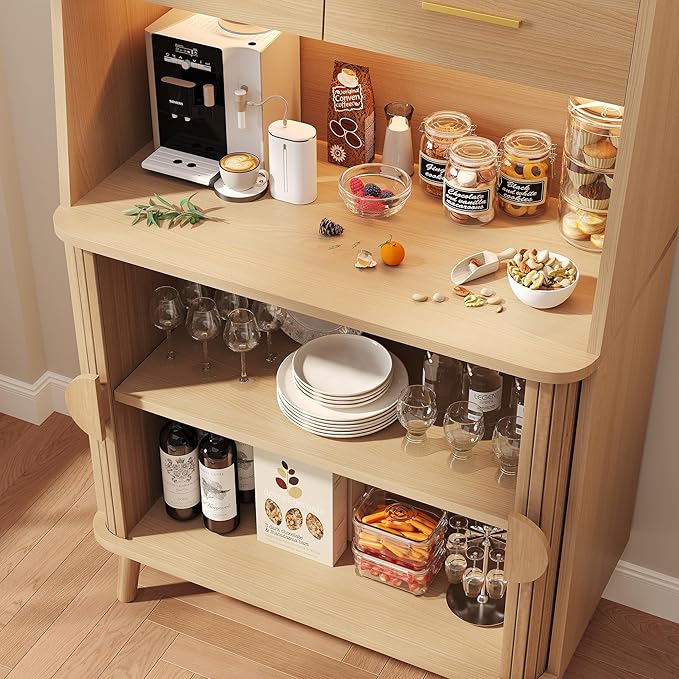 Decofy 47.2" Sideboard Buffet Cabinet with LED Light & Sliding Door, Modern Storage Cabinet with Adjustable Shelf &2 Drawers, Coffee Bar for Kitchen, Entryway(Oak)