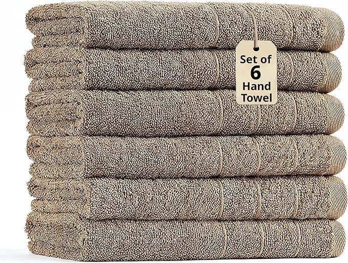 LANE LINEN 6 Pack 100% Cotton Hand Towels (16"x28") - Ring Spun - Quick Dry, Soft & Absorbent Hand Towels Set of 6 - Hotel, Spa, Beauty, Gym, Bathroom - Remains Soft After Multiple Washes - Taupe