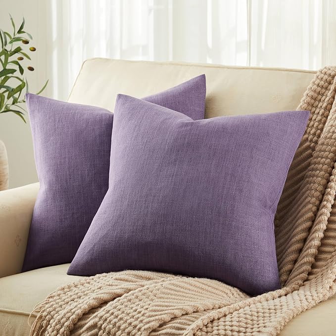 ZeeMart Rustic Cotton Linen Throw Pillow Covers Set of 2, 20x20 Inch Purple, Farmhouse Style Decorative Couch Pillow Cases Cushion Covers for Sofa Bed Living Room Home Decor