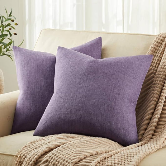 ZeeMart Rustic Cotton Linen Throw Pillow Covers Set of 2, 20x20 Inch Purple, Farmhouse Style Decorative Couch Pillow Cases Cushion Covers for Sofa Bed Living Room Home Decor