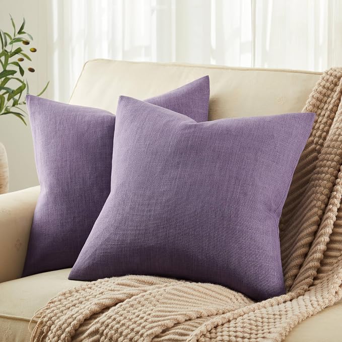 ZeeMart Rustic Cotton Linen Throw Pillow Covers Set of 2, 16x16 Inch Purple, Farmhouse Style Decorative Couch Pillow Cases Cushion Covers for Sofa Bed Living Room Home Decor