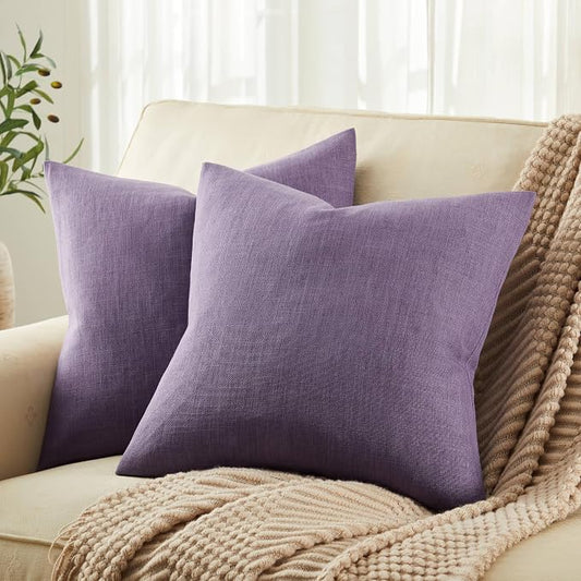 ZeeMart Rustic Cotton Linen Throw Pillow Covers Set of 2, 16x16 Inch Purple, Farmhouse Style Decorative Couch Pillow Cases Cushion Covers for Sofa Bed Living Room Home Decor