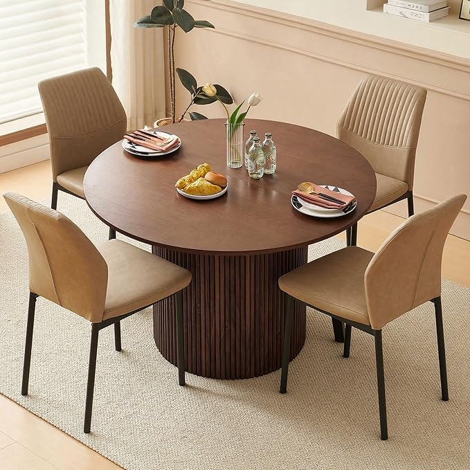 Dining Table Set for 4, 47" Wooden Round Kitchen Table with PU Leather Chairs for Kitchen Room and Small Spaces(Walnut Table + 4 Beige Chairs)