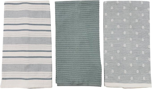 Blue White Kitchen Hand Dish Towels: Oversized 28" x 16",100% Cotton Cloth Soft Cleaning Drying Absorbent Striped Solid Polka Dot Design, Set of 3 Multipurpose for Everyday Use (Blue Austin)