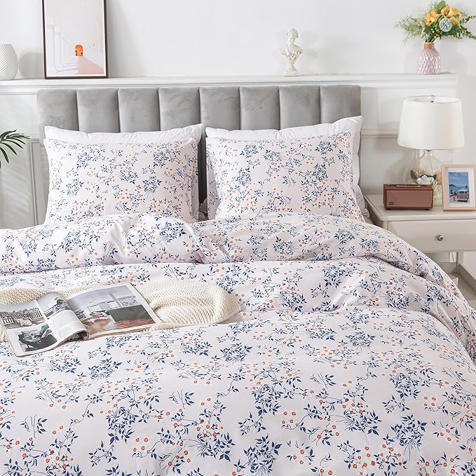 HoneiLife Cotton Duvet Cover Queen - Floral Comforter Cover 3-PC, Soft & Breathable Flower Bedding Duvet Cover Sets with Zipper Closure & Corner Ties, Wildflower Comforter Cover Sets, Blue Leaves