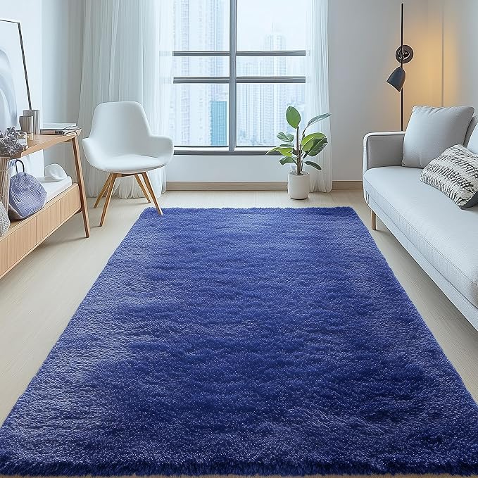 OLANLY 5x5 Area Rugs for Living Room Bedroom, Machine Washable Soft Fluffy Shaggy Bedside Rug, Indoor Floor Carpet for Kids Girls and Boys, Dorms, Nursery Rooms, Home Decor Aesthetic, Navy Blue