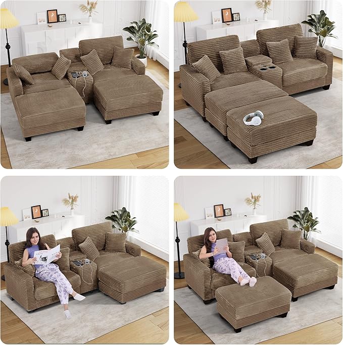 Oversized Chaise Lounge Chair Indoor with Storage & USB, Cup Holder & Ottoman, Firm Solid Wood Frame with Long Service Life Corduroy Oversized Lounge Reading Chair for Large Study Room - Camel