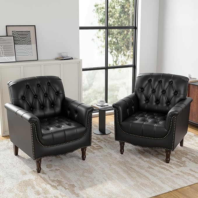 Faux Leather Club Chair, Retro Upholstered Armchair Accent Chair with Solid Wood Legs & Nailhead Trim for Living Room, Bedroom, Reading Room, Black